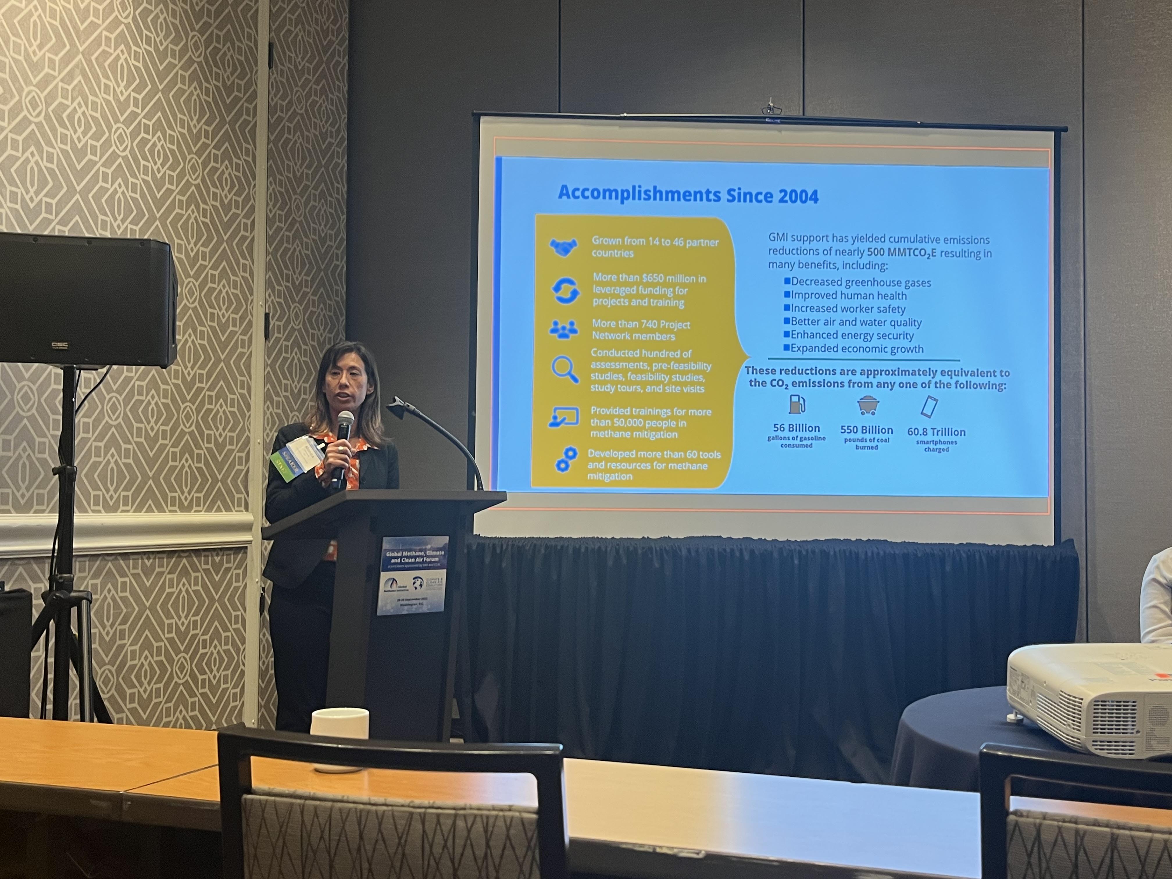 Monica Shimamura, former director of the GMI Secretariat, presenting at the 2022 Global Methane Forum in Washington, D.C., United States. <br><span class='small text-muted'>(2022, United States)</span>